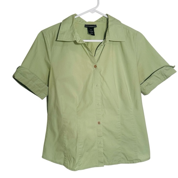 Petite Sophisticate Green Button Down Shirt Women’s 10P Short Sleeve Blouse - Picture 2 of 5